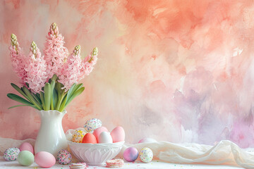 Happy Easter, background with colorful eggs and bouquet of pink hyacinth flowers, Easter eggs.