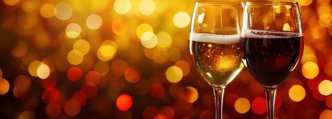 Two glasses of wine on bokeh background