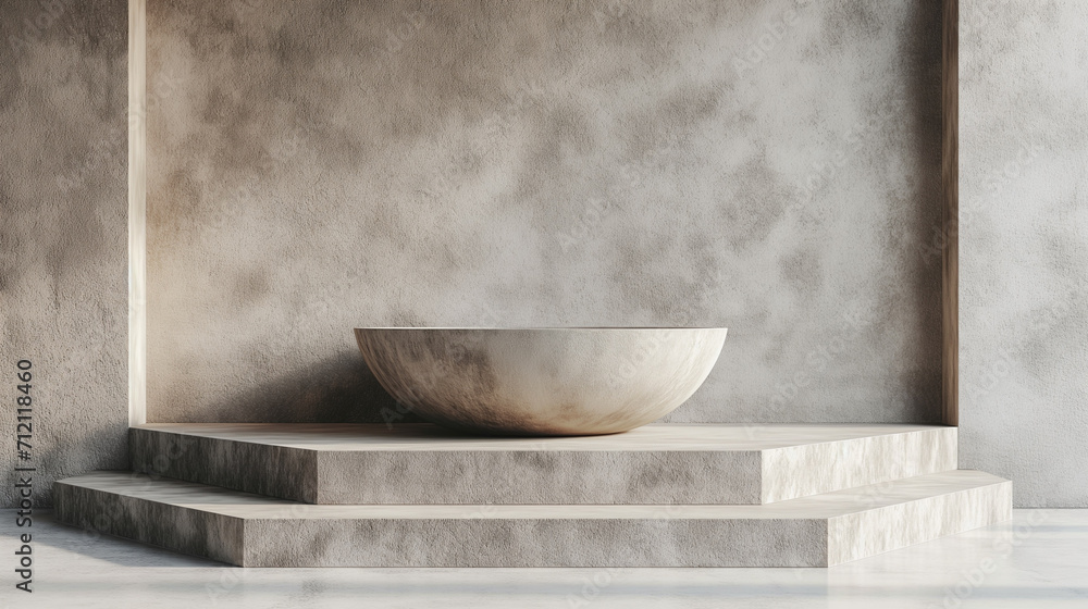 Poster 3d empty podium rests atop a multi-tiered stone pedestal, showcasing minimalist design in a serene, 