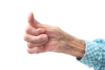 Old woman showing ok sign on a white background 