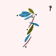 The number seven made of flowers and leaves. Floral vector illustration, design, print, design element
