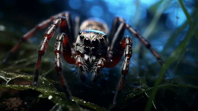 Close-up of a spider in the dark. Macro photos of insects in their natural habitat.