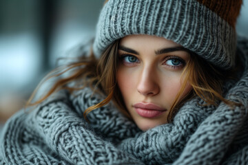 Winter Portrait of a Woman with Striking Blue Eyes