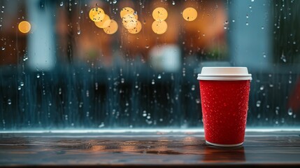 Red hot coffee cup on the table , the window blurred rain background and a fairy light at night, creating a relaxing atmosphere. free space for writing messages, background for imaginary text.