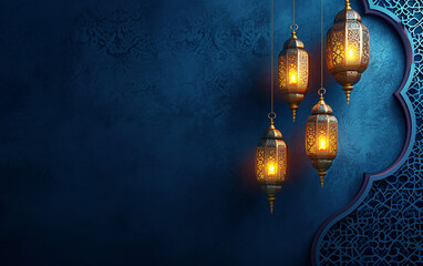 "Discover Elegance in our Premium Islamic Background, featuring a Deep Blue Palette Enhanced by an Illuminated Arabian Lantern. Perfect for Ramadan and Eid Greetings."