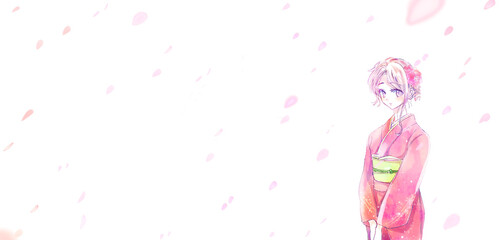 振袖を着た金髪の女性　桜吹雪