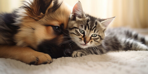 Fototapeta premium photo of dog and cat loving each other, Unlikely Companions: Heartwarming Photo of Dog and Cat Expressing Love