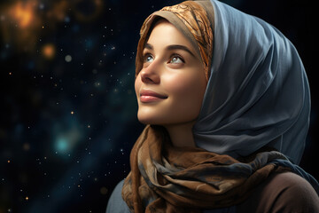 Portrait of an Arab girl wearing a beautiful modern hijab .February 1 is World Hijab Day