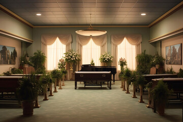 Hall for the funeral procession. Funerals. Farewell to the deceased. - obrazy, fototapety, plakaty