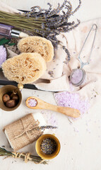 Cosmetic natural product, lavender, oil, aroma salt. Beauty Concept.