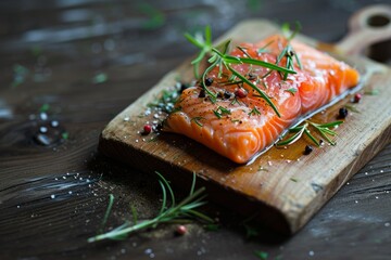 Fresh saulted salmon steak with spices and greenery on a wooden cutting board, rustic style,...