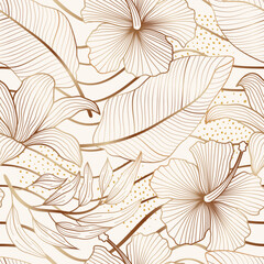 Gold Outline floral seamless pattern with leaves. tropical background - obrazy, fototapety, plakaty