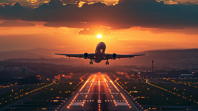 A plane taking off from an airport with beautiful landscape in sunset ,generative ai