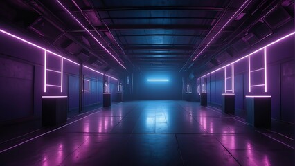 Cyber club neon light stage room with a square tunnel and violet neon glowing lights, laser lines,...