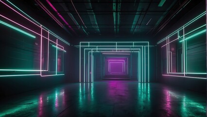 Cyber club neon light stage room with a square tunnel and green neon glowing lights, laser lines, and LED lighting from Generative AI