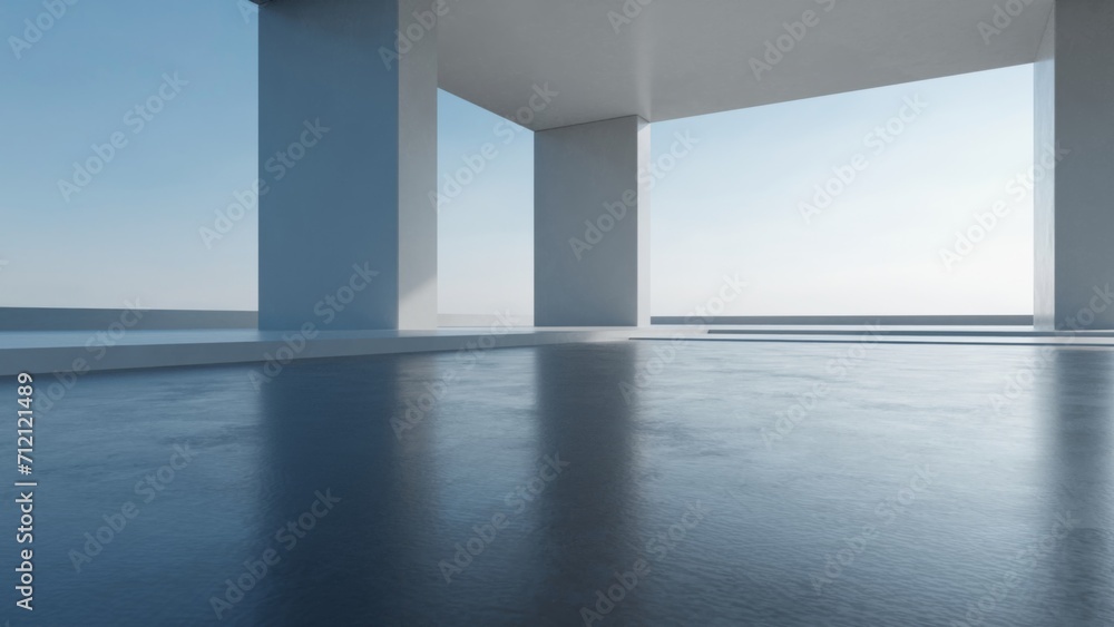 Aufkleber 3d render of abstract modern architecture with empty concrete floor, car presentation background.