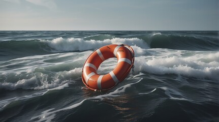 A lifebuoy floating on a wavy sea from Generative AI - obrazy, fototapety, plakaty