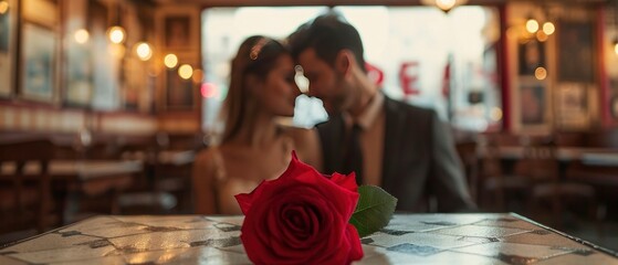 Love in Bloom. A Couples Romantic Interlude in a Quaint Cafe, Accentuated by a Red Rose, Creating a Perfect Moment for Valentines Day. - obrazy, fototapety, plakaty