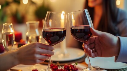 Savoring Love. A Couple Engaging in a Romantic Dinner, Toasting with Cups of Red Wine, Creating a Beautiful Moment of Intimacy and Connection.