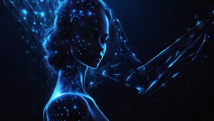 Fotobehang Futuristic polygonal 3d face intelligence of woman made of glowing linear polygons in dark blue color. Abstract illustration for online business, it, network, support, services app concept. © Анастасия Комарова