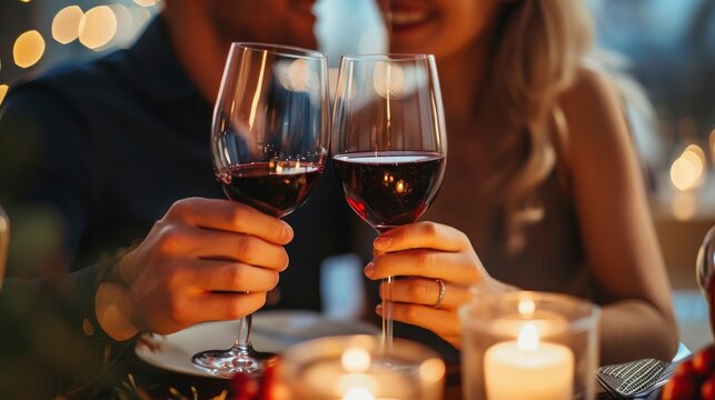 Savoring Love. A Couple Engaging in a Romantic Dinner, Toasting with Cups of Red Wine, Creating a Beautiful Moment of Intimacy and Connection.