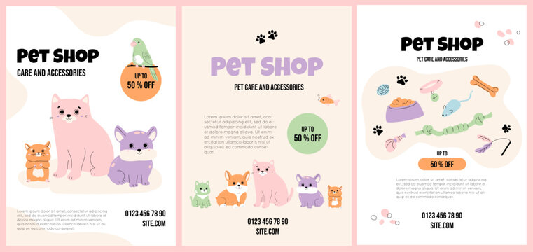 Pet shop concepts with cute doodle animals and accessorizes. Domestic cat, friendly dog, pretty hamster, budgie, fish. Kitten, puppy with toys and supplies. Set of vertical banners templates.