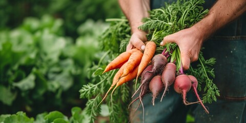 Farmer hands harvesting fresh growing vegetables