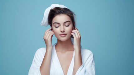 Fototapeta premium A spa woman touches her smooth skin with her eyes closed on a blue background with a copy of spies. Skin care, COSMETICS and makeup concepts.