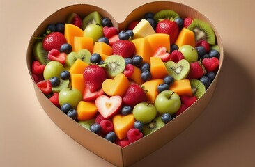 Fruit salad in the shape of a heart in eco-friendly packaging. Love. Relationship. Healthy food. Ecology