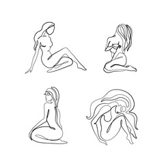 Woman abstract silhouette set, nude body, single line on white background, continuous line drawing, tattoo and logo design, isolated vector illustration.