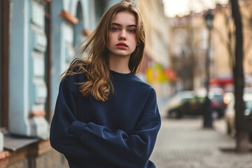 Fototapeta premium Navy-blue sweatshirt mockup wearing by a female model - Round neck sweatshirt mockup