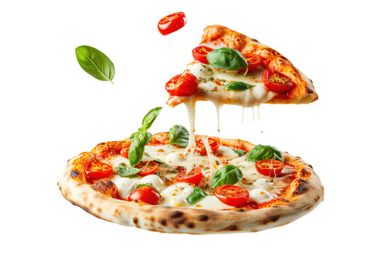 slice of basil and buffala mozzarella pizza dripping with melting cheese lifting from pizza base, on transparent background