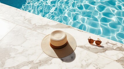 Fototapeta na wymiar A visual symphony created by sunglasses and a straw hat placed meticulously on the marble
