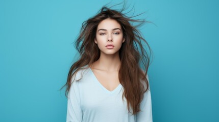 Portrait of a charming woman with long disheveled hair. An overslept girl looks at the camera with displeasure on a blue background. Morning, morning routine, It's time for work.
