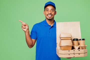 Delivery guy employee man wear blue cap t-shirt uniform workwear work as dealer courier hold cup...