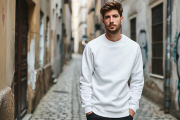 Obraz premium White sweatshirt mockup wearing by a male model - Round neck sweatshirt mockup