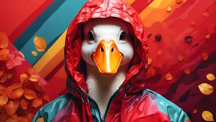 Fashion white duck in red fall hooded rain jacket. Trendy bright color. Pop art funny, abstract color background. generative ai © Lance