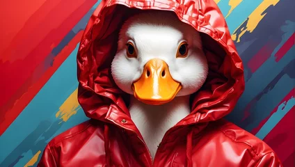 Fashion white duck in red fall hooded rain jacket. Trendy bright color. Pop art portrait, abstract color background generative ai © Lance