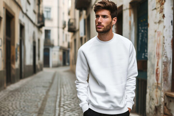White sweatshirt mockup wearing by a male model - Round neck sweatshirt mockup - obrazy, fototapety, plakaty