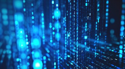 Blue digital binary data on computer screen background - obrazy, fototapety, plakaty