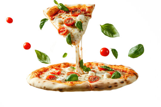 slice of basil and buffala mozzarella pizza dripping with melting cheese lifting from pizza base, on transparent background