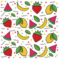 Fruit pattern, watermelon, banana strawberry, lemon on white background, vector eps 10