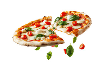 slice of basil and buffala mozzarella pizza dripping with melting cheese lifting from pizza base, on transparent background
