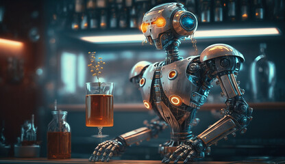 Futuristic robot bartender - obrazy, fototapety, plakaty