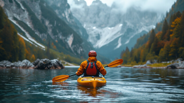 kayaker with whitewater kayaking, down a white water rapid river in the mountains, beautiful landscape background,henerative ai