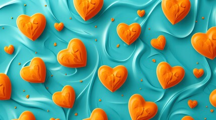 Repeating tile pattern of orange lOVE volumetric equally spaced hearts on a turquoise background - obrazy, fototapety, plakaty
