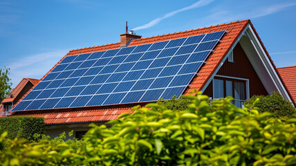 Fototapeta premium Solar panels on roof top of house , beautiful blue sky background,generative ai