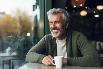 Smiling Senior Man Enjoying Coffee. Cozy Autumn Cafe Ambiance.