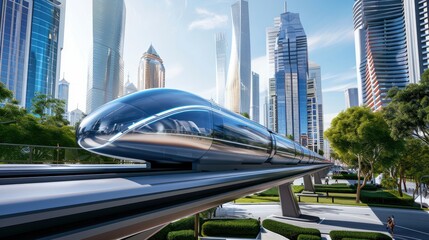Train hyperloop in modern future city
