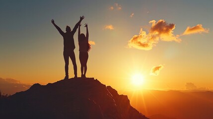 Two people silhouette with arms raised up on mountain top at sunset